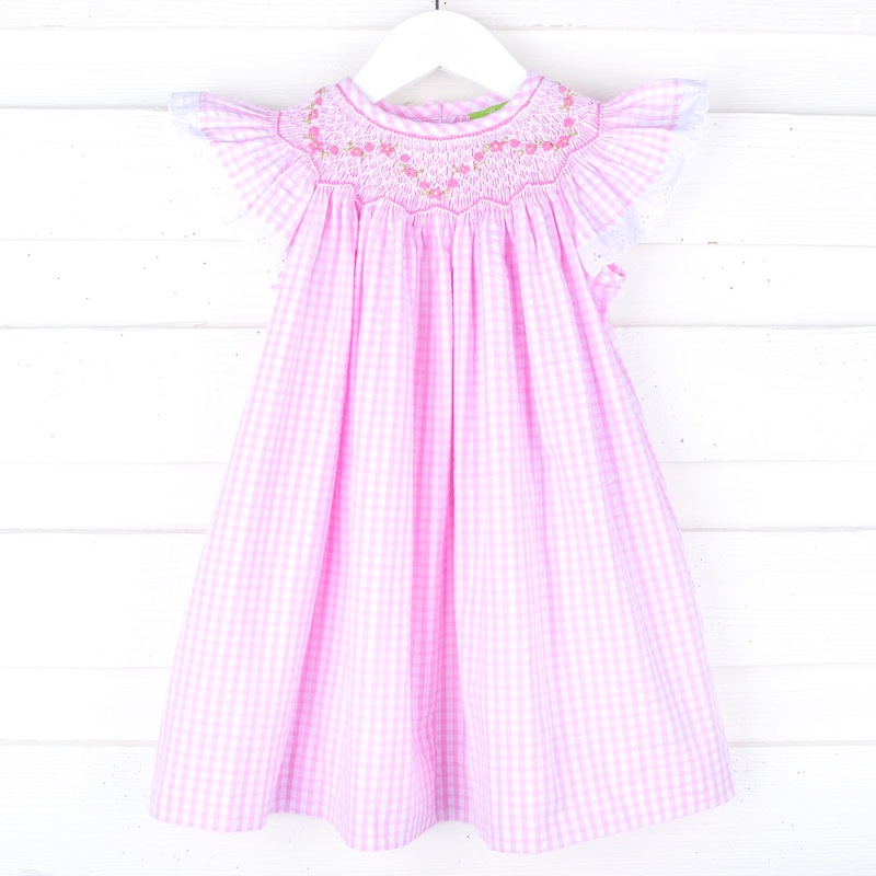 Geometric Floral Smocked Pink Check Dress