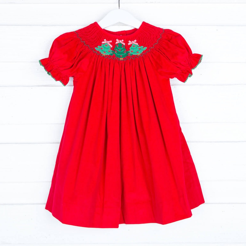 Christmas Tree Smocked Red Corduroy Dress