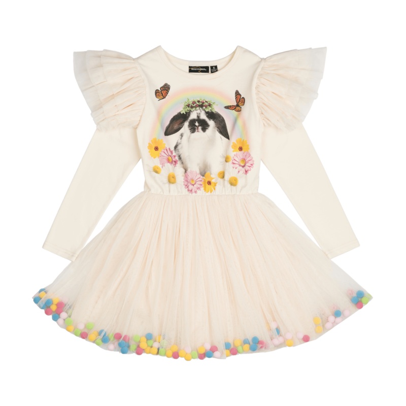 Rock Your Baby Easter Bunny Pom Pom Long Sleeve Circus Dress in Cream