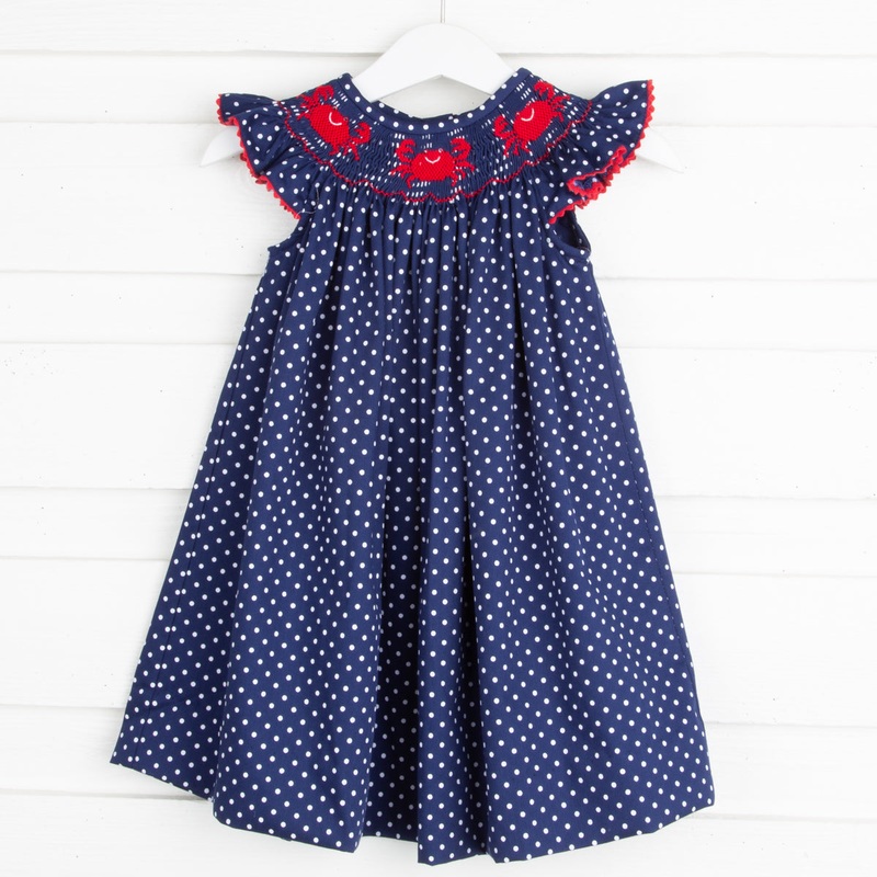 Crab Smocked Dress Navy and White Dot