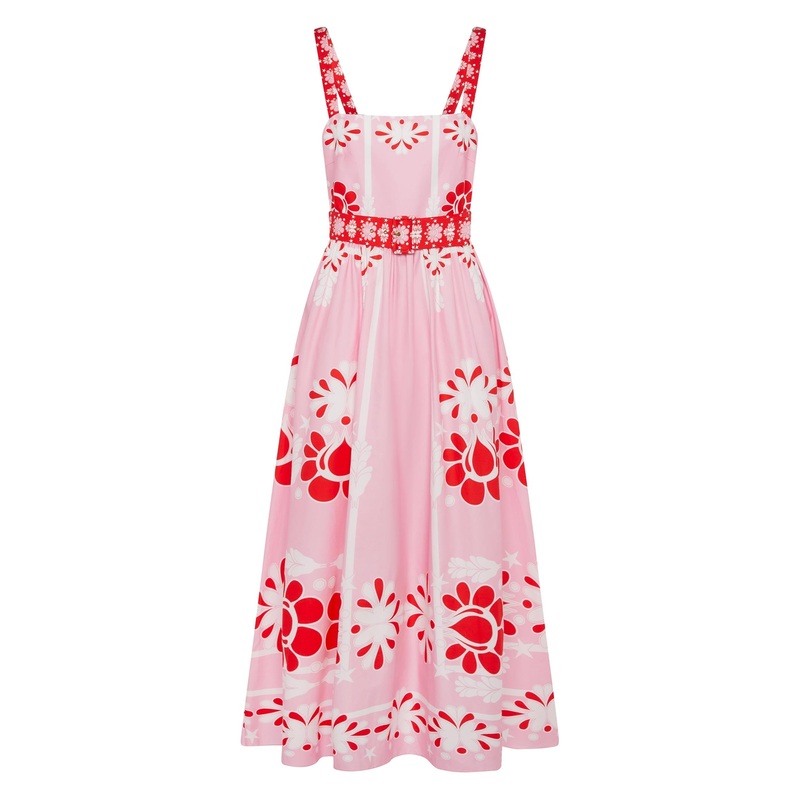 Ninet Cotton Midi Dress in Geo Flower Pink