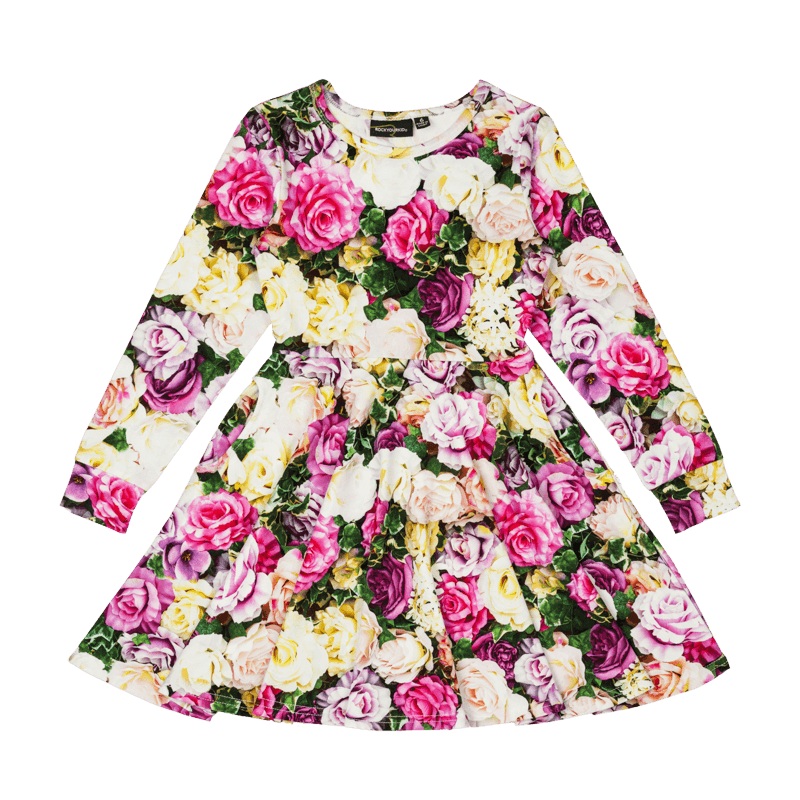 Rock Your Baby Flower Wall Long Sleeve Waisted Dress in Floral Multi