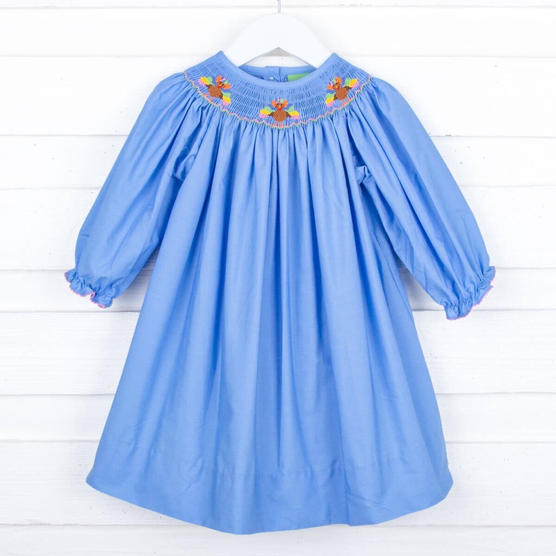 French Blue Long Sleeve Smocked Turkey Dress