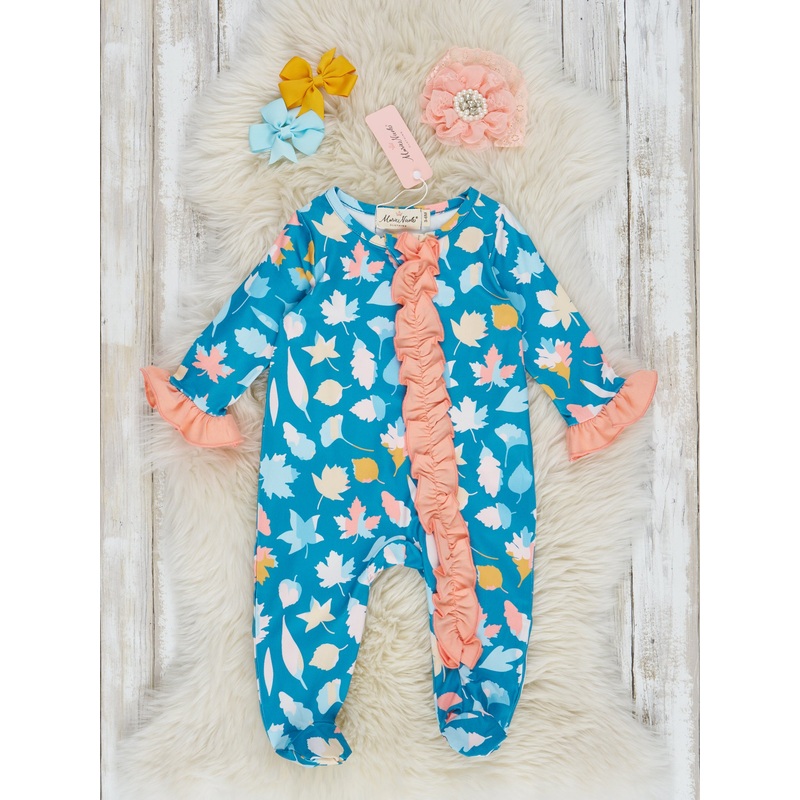 Teal & Coral Autumn Leaves Footed Sleeper Pajamas
