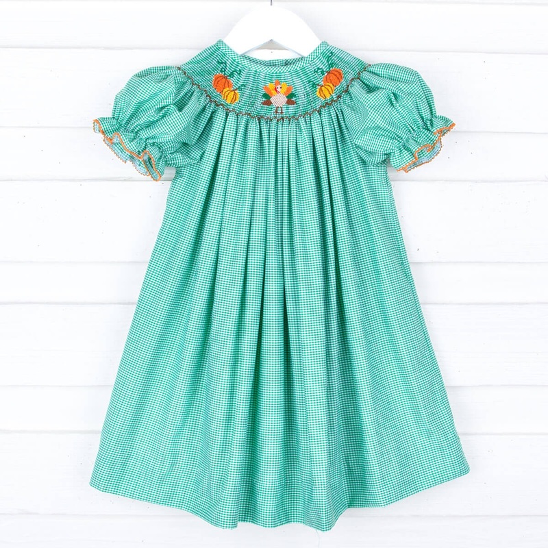 Turkey Time Smocked Green Bishop Dress