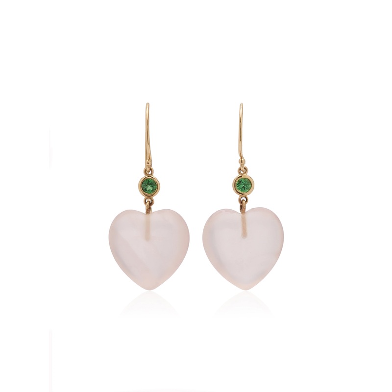 Petits Coeurs Rose Quartz & Tsavorite Gold Earrings