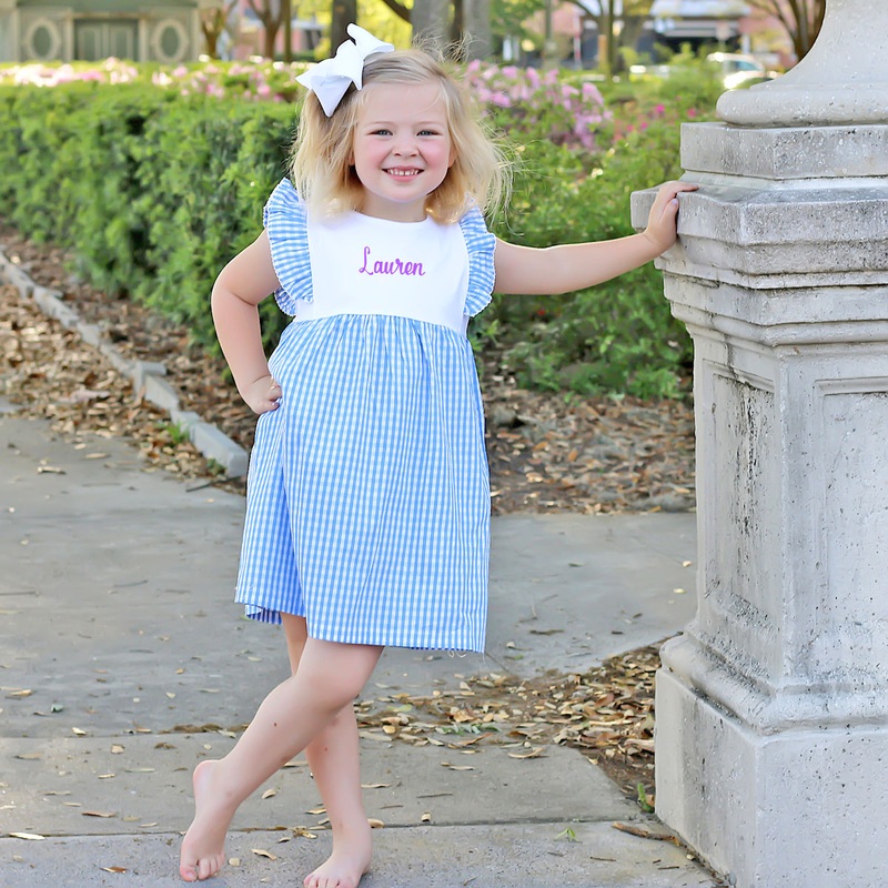 Blue Gingham Ruffle Front Dress