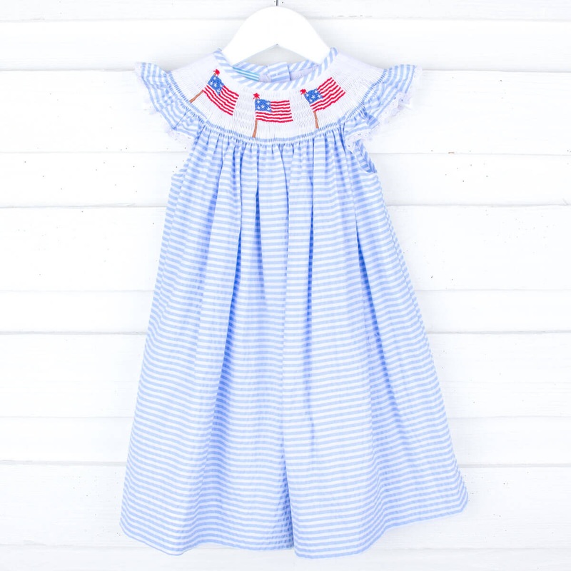 Flag Smocked Light Blue Stripe Angel Sleeve Dress