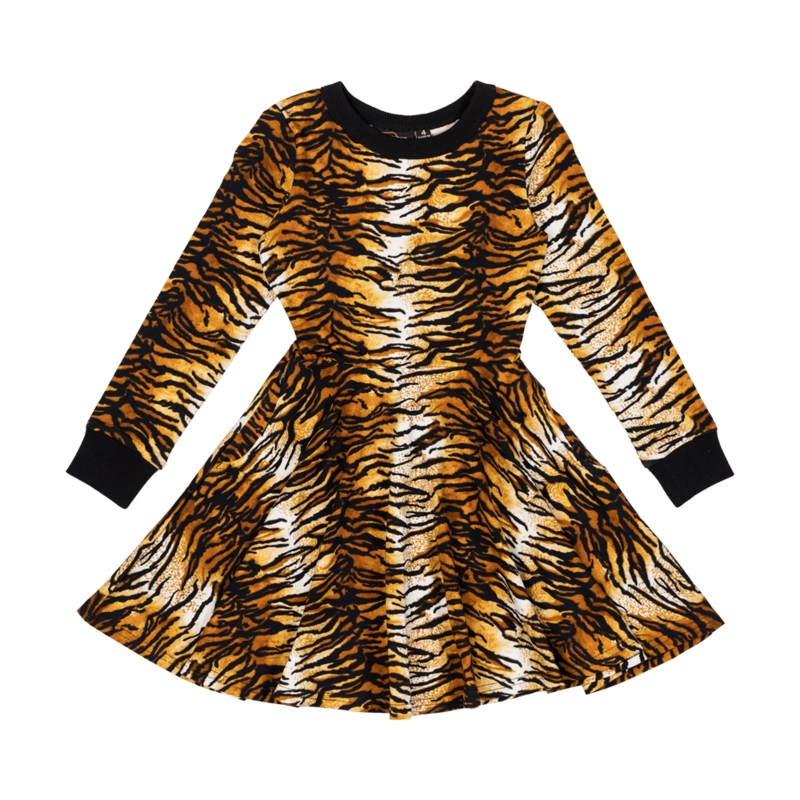 Rock your baby tiger skin LS waisted dress in brown