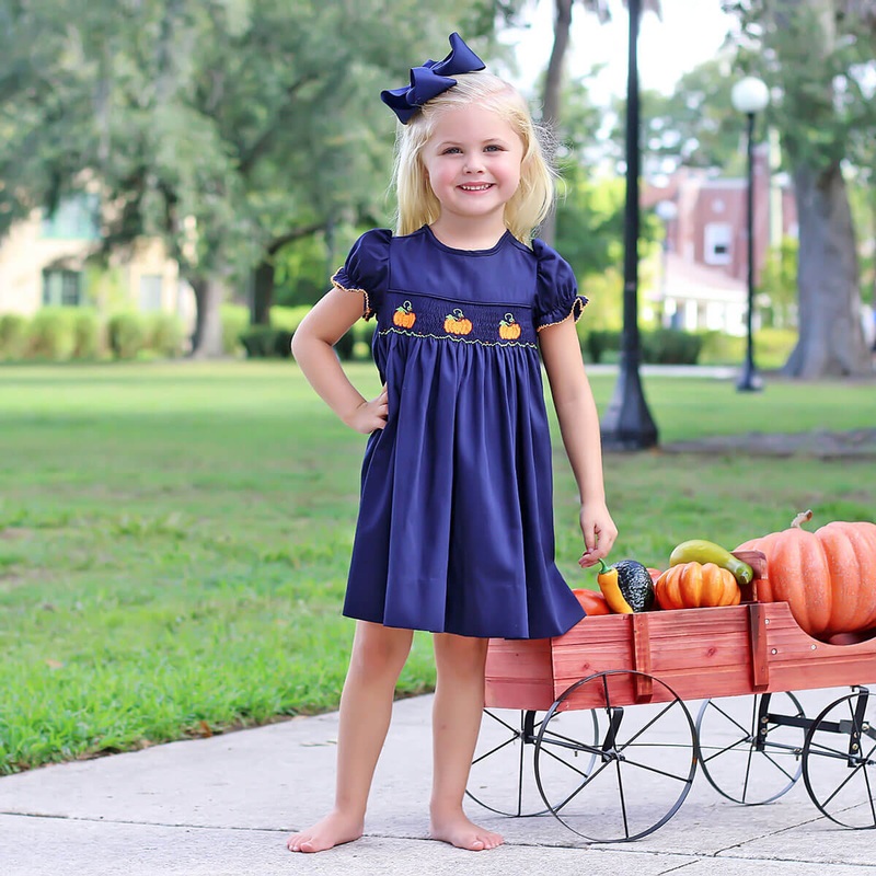 Smocked Pumpkin Navy Dress