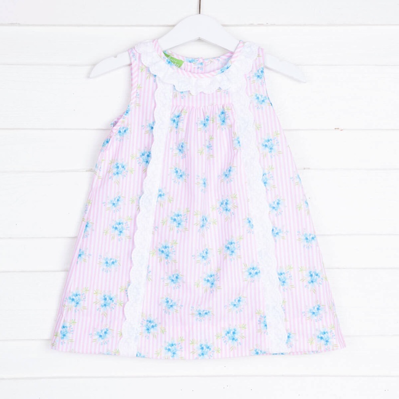 Floral Stripe White Lace Collared Dress