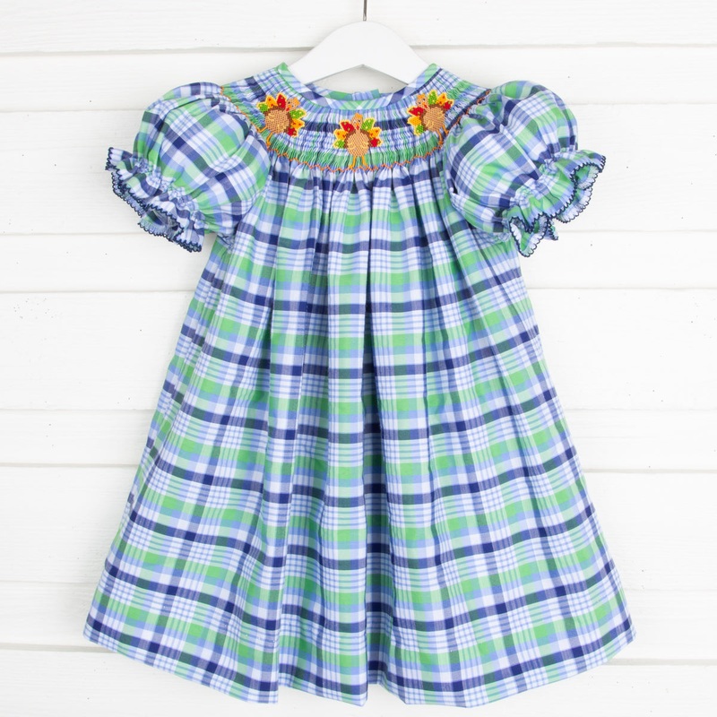 Turkey Smocked Bishop Blue and Green Plaid