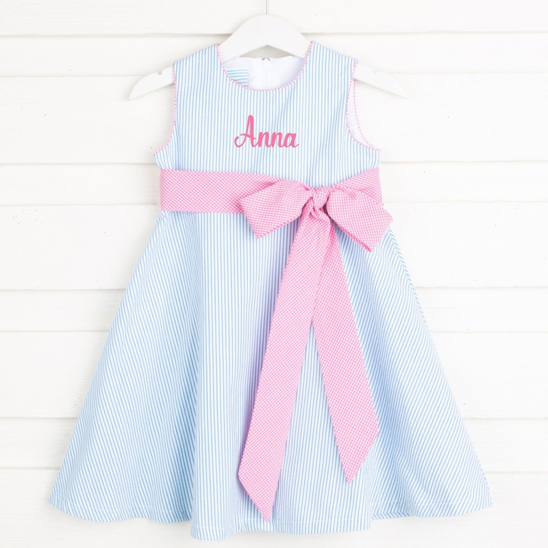 Turquoise Stripe Seersucker Sash Dress