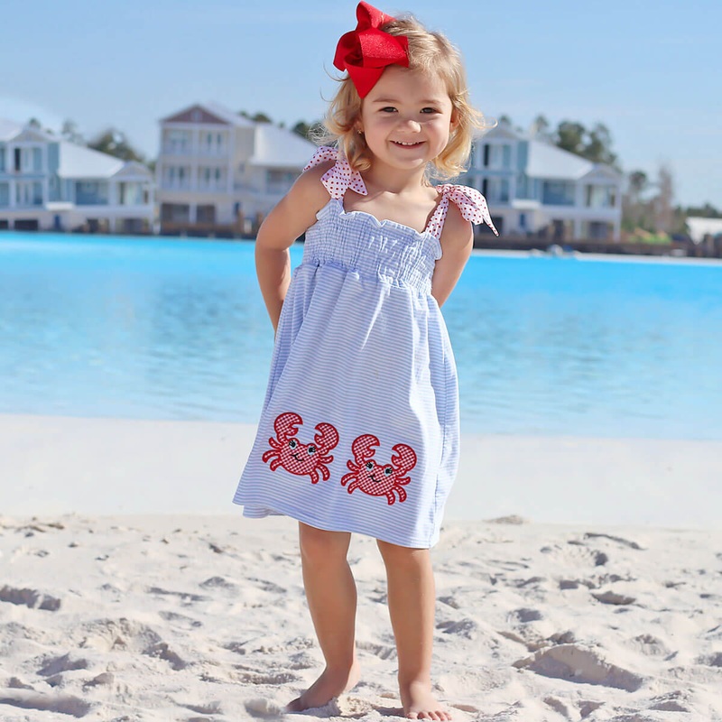 Crab Applique Tie Strap Dress Blue Stripe