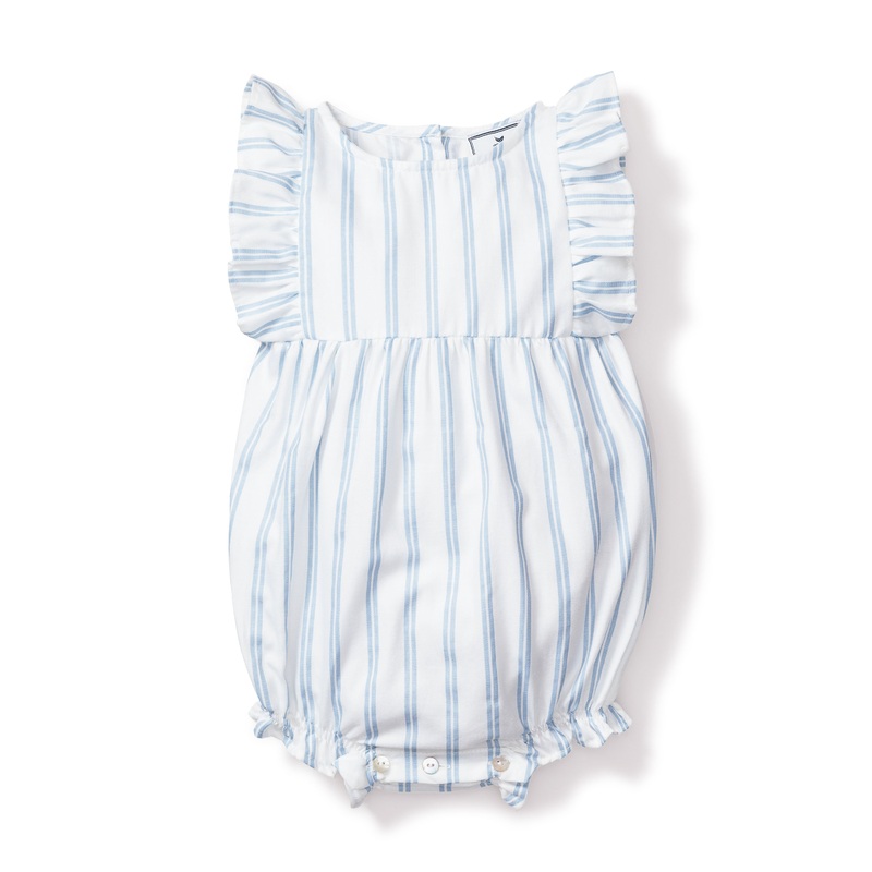 Babys Twill Ruffled Romper in Periwinkle Stripe