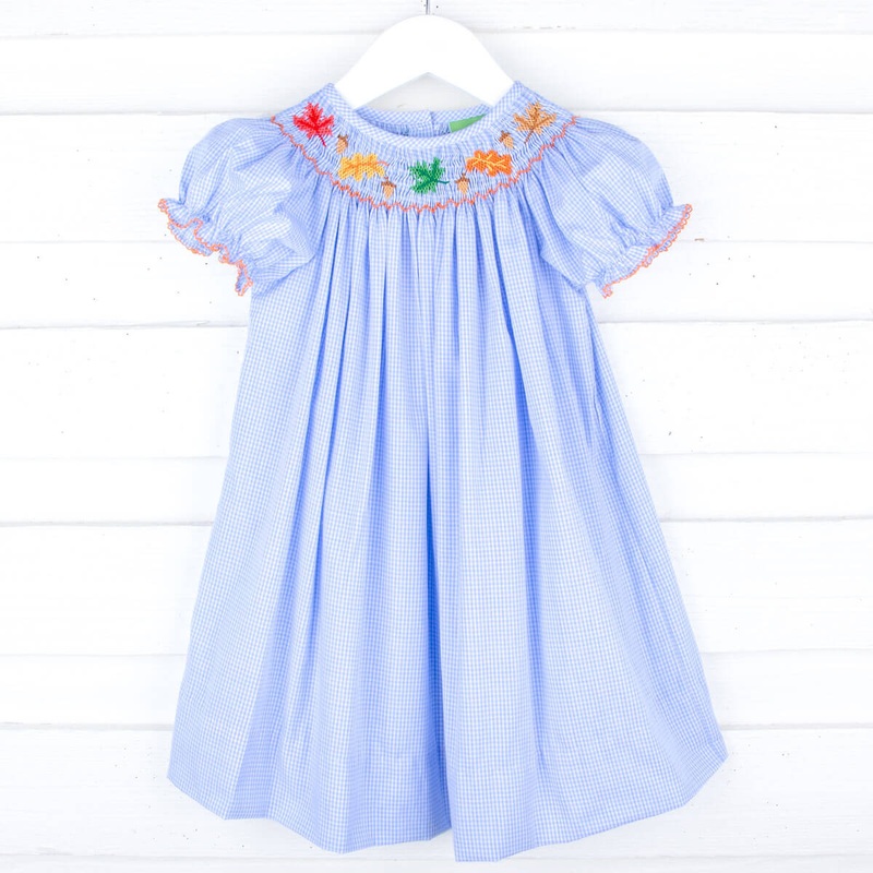 Leaves And Acorn Smocked Light Blue Gingham Bishop Dress