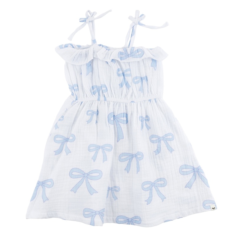 oh baby! Harriet Ruffle Cinched Dress - Big Sky-Blue Bows - Oyster