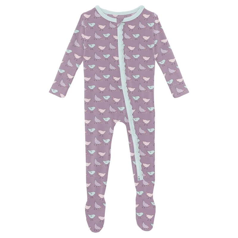 Print Muffin Ruffle Footie With 2 Way Zipper Lavender Chickens