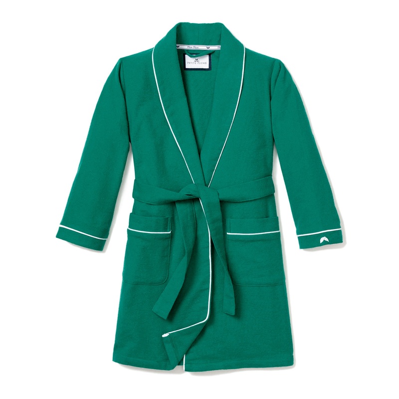Childrens Forest Green Flannel Robe with White Piping