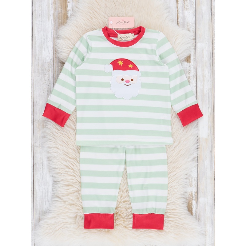 Green Stripes Embroidered Santa Pajamas