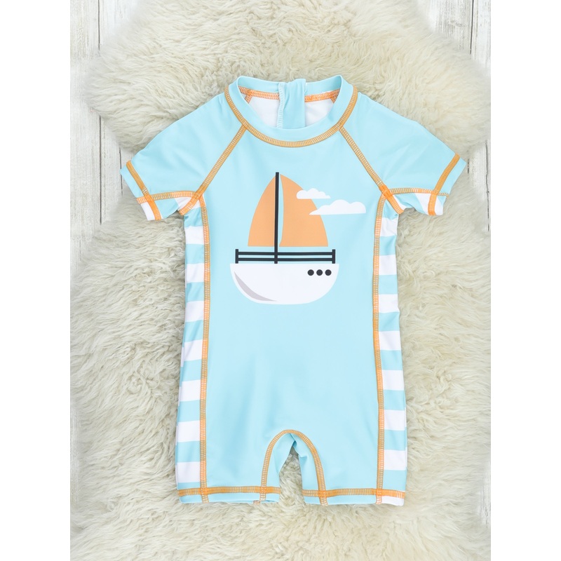 Light Blue Sailboat Rash Guard Swimsuit
