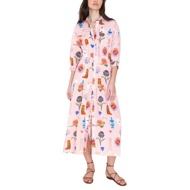 Uma Linen Midi Dress in Wanderlust Pink