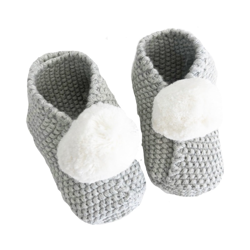 Alimrose Baby Pom Pom Slippers - Grey & Ivory