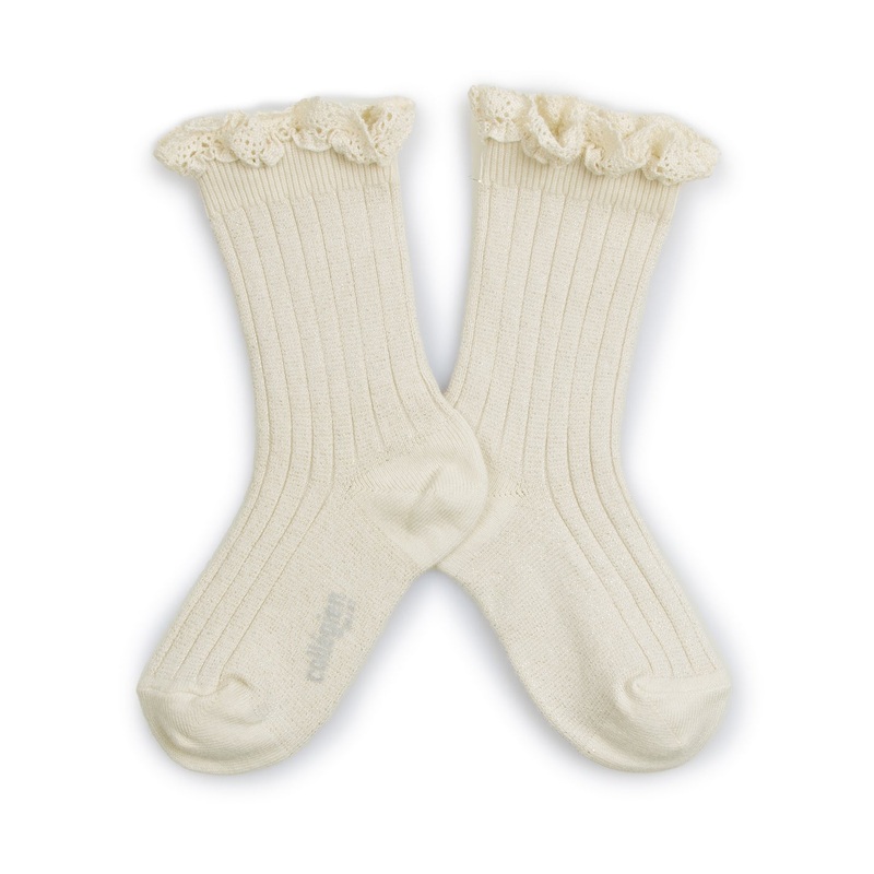 Victorine Glitter Crew Socks w. Lace Trim | Cream
