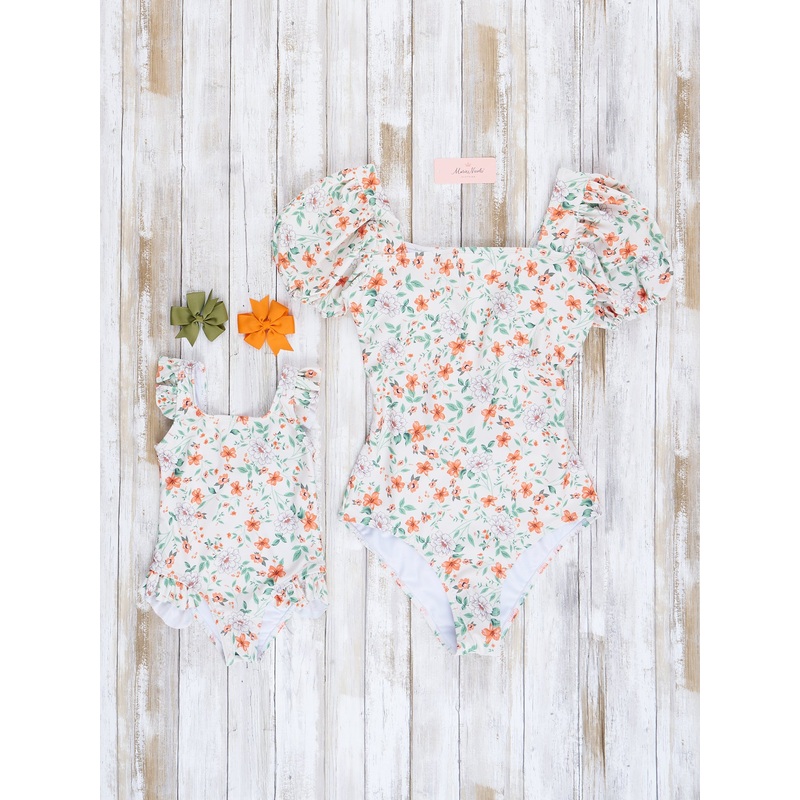 Mom & Me Orange & Green Blooms Swimsuit