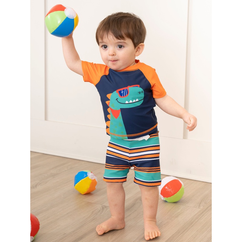 Navy Striped Dino Rash Guard & Swim Shorts
