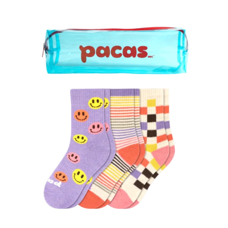 Pacas Kids' Crew Socks 3 Pack- Smiley/Stripe/Check