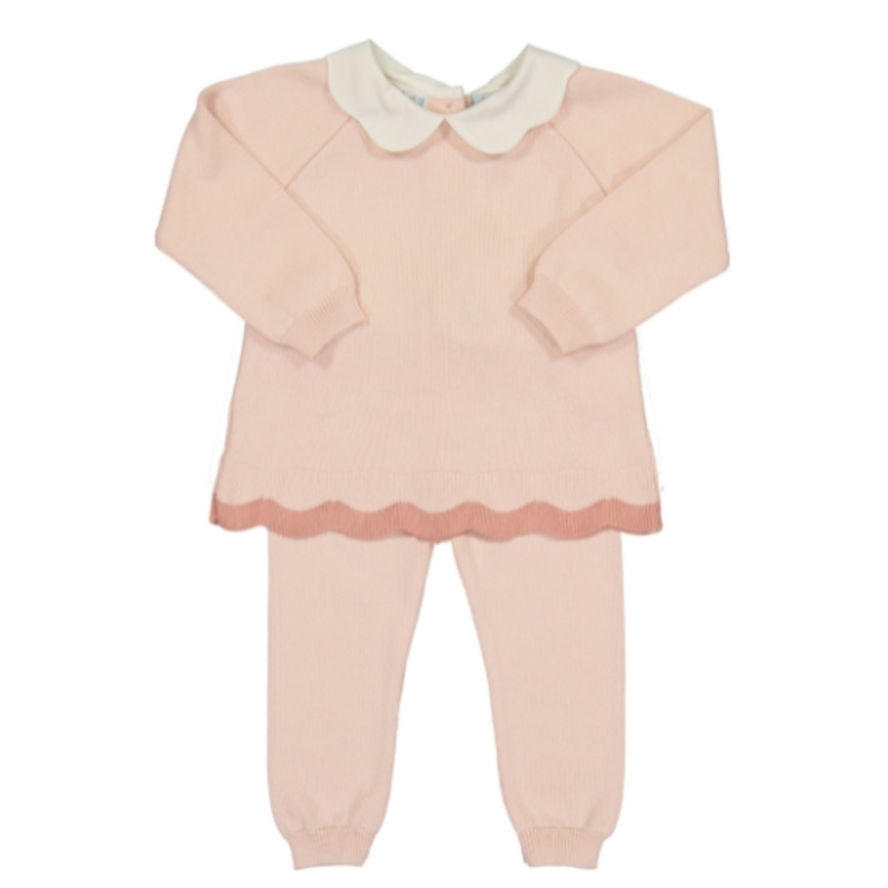 Scalloped Contrast Trim Knit Set- Blush