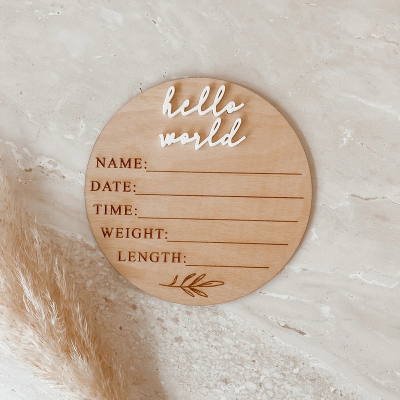 'Hello World' + Birth Details Wooden Acrylic Plaque - Leaf