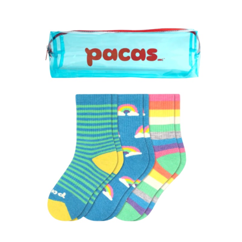 Pacas Kids' Crew Socks 3 Pack- Stripes & Rainbows