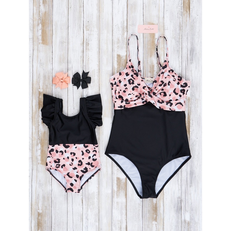 Mom & Me Peach & Black Leopard Ruffle Swimsuit