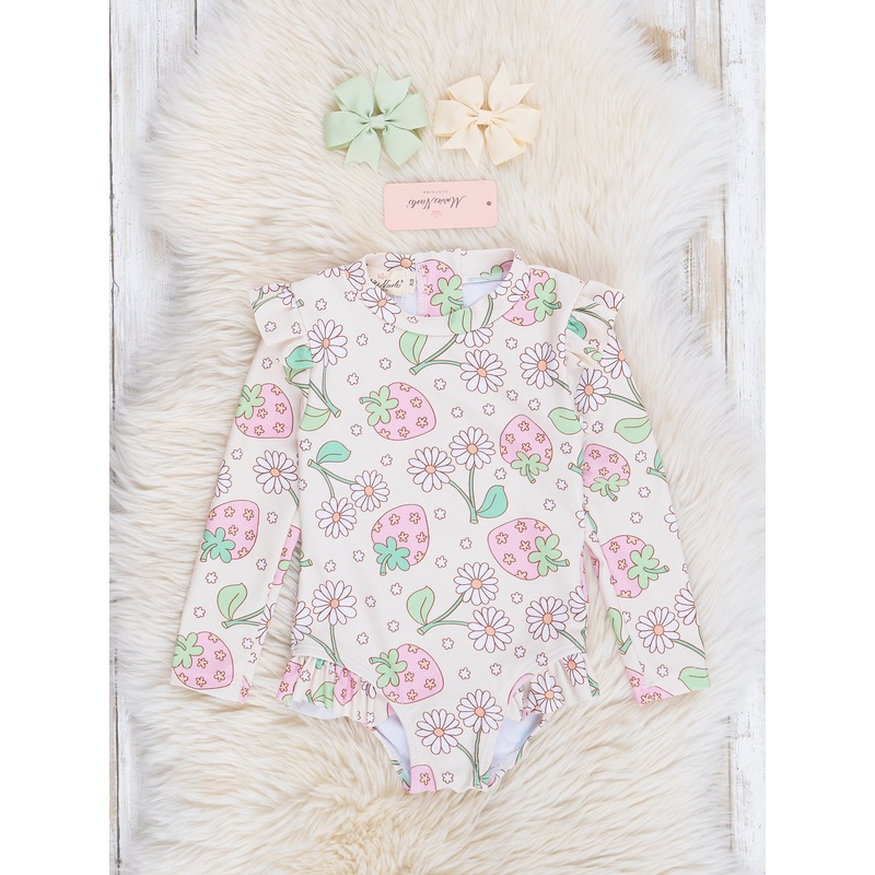 Cream Stawberries & Daisies Ruffle Swimsuit