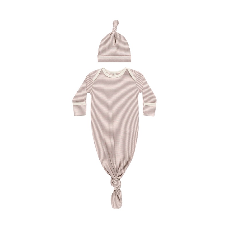 Knotted Baby Gown + Hat Set | Mauve Stripe
