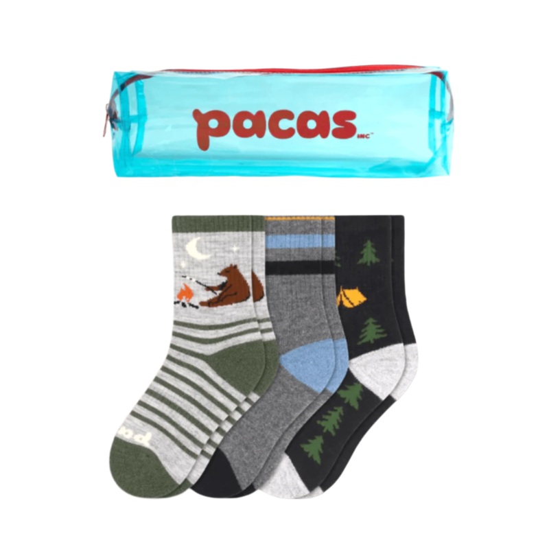 Pacas Kids' Crew Socks 3 Pack- Camping/Double Stripe/Trees