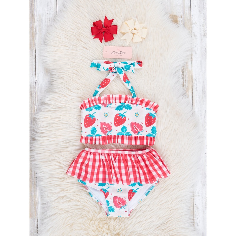 Strawberry Gingham Two-Piece Ruffle Swimsuit