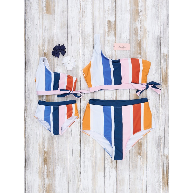 Mom & Me One Shoulder Mod Stripes Swimsuit