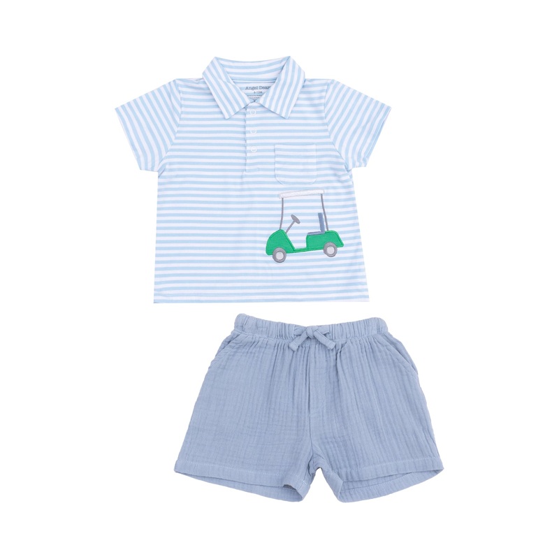 Polo Shirt with Applique and Muslin Short- Golf Blue Stripe