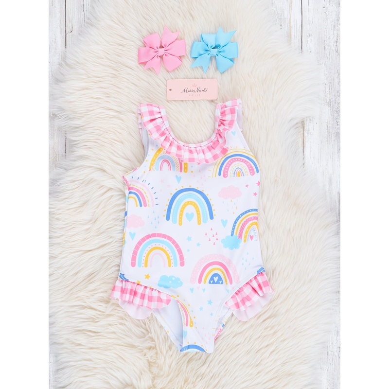 Pink Gingham Rainbow Doodles One-Piece Swimsuit