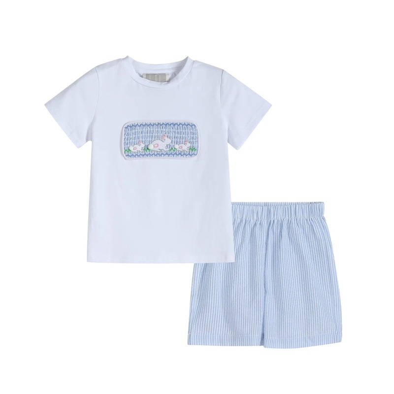 Blue Seersucker Bunnies Smocked Shirt and Boy Shorts Set (FINAL SALE)