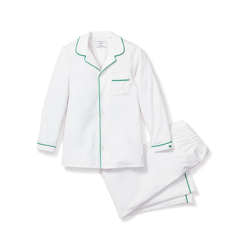 Kid's Twill Pajama Set in White with Green Piping 2Y
