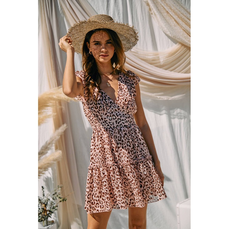 Leopard Printed Mini Dress WINE LARGE