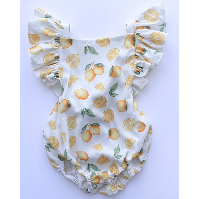 Shiloh Ruffle Back Romper - White with Lemons 0-3months