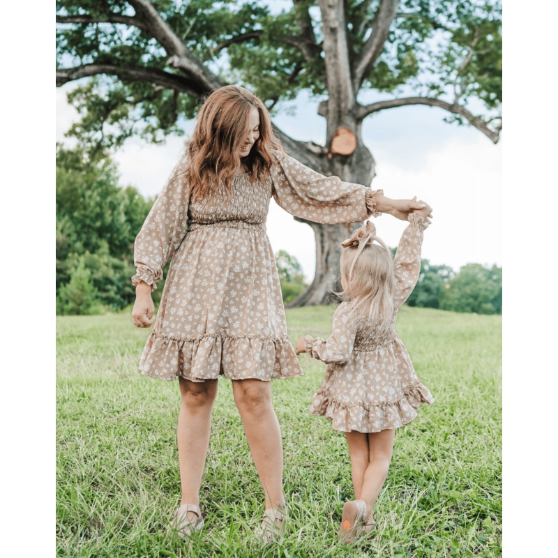 Caroline Long Sleeve Square Neck Dress - Light Khaki Floral 0-3months