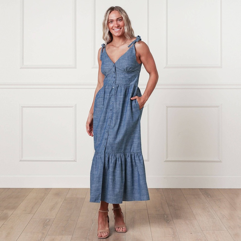 Hope and Henry - Organic Chambray Maxi Dress 10 Chambray