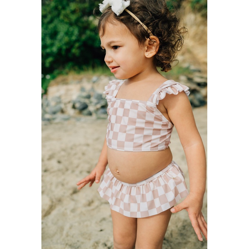 Taupe Checkered Ruffle Bikini Set 0-3