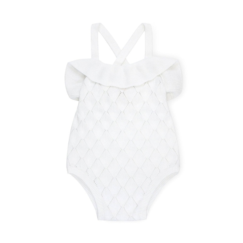 Hope and Henry - Ruffle Sweater Romper White Diamond Pointelle 0-3 Months
